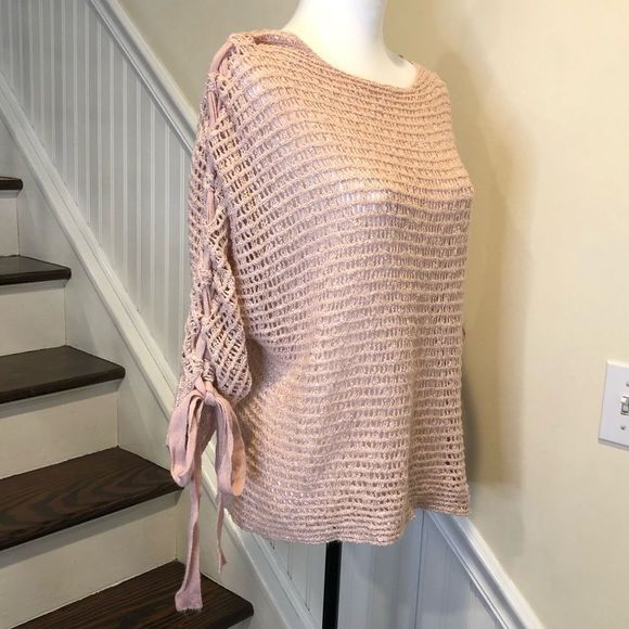 DREAMER Pink Open Knit Lace Up Sleeves With Bows Sz Small - Picture 2 of 12